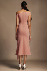 Denise Pink Oblique Shoulder Fold Detail Midi Dress