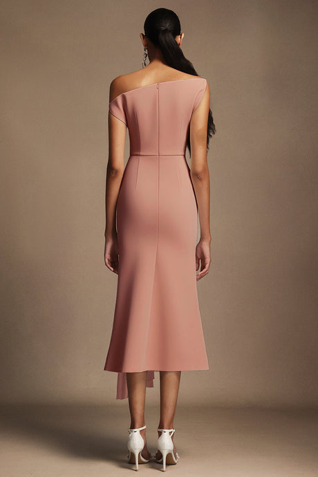 Denise Pink Oblique Shoulder Fold Detail Midi Dress