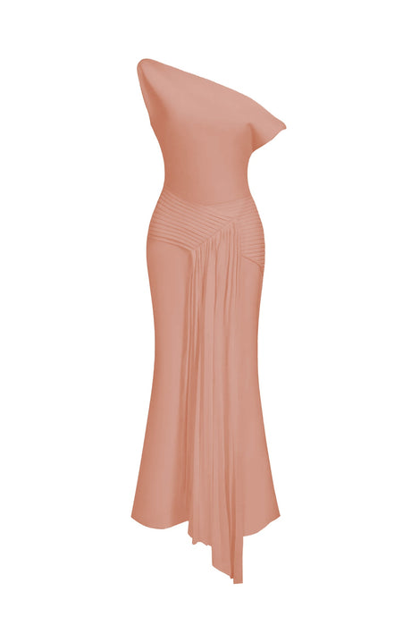 Denise Pink Oblique Shoulder Fold Detail Midi Dress
