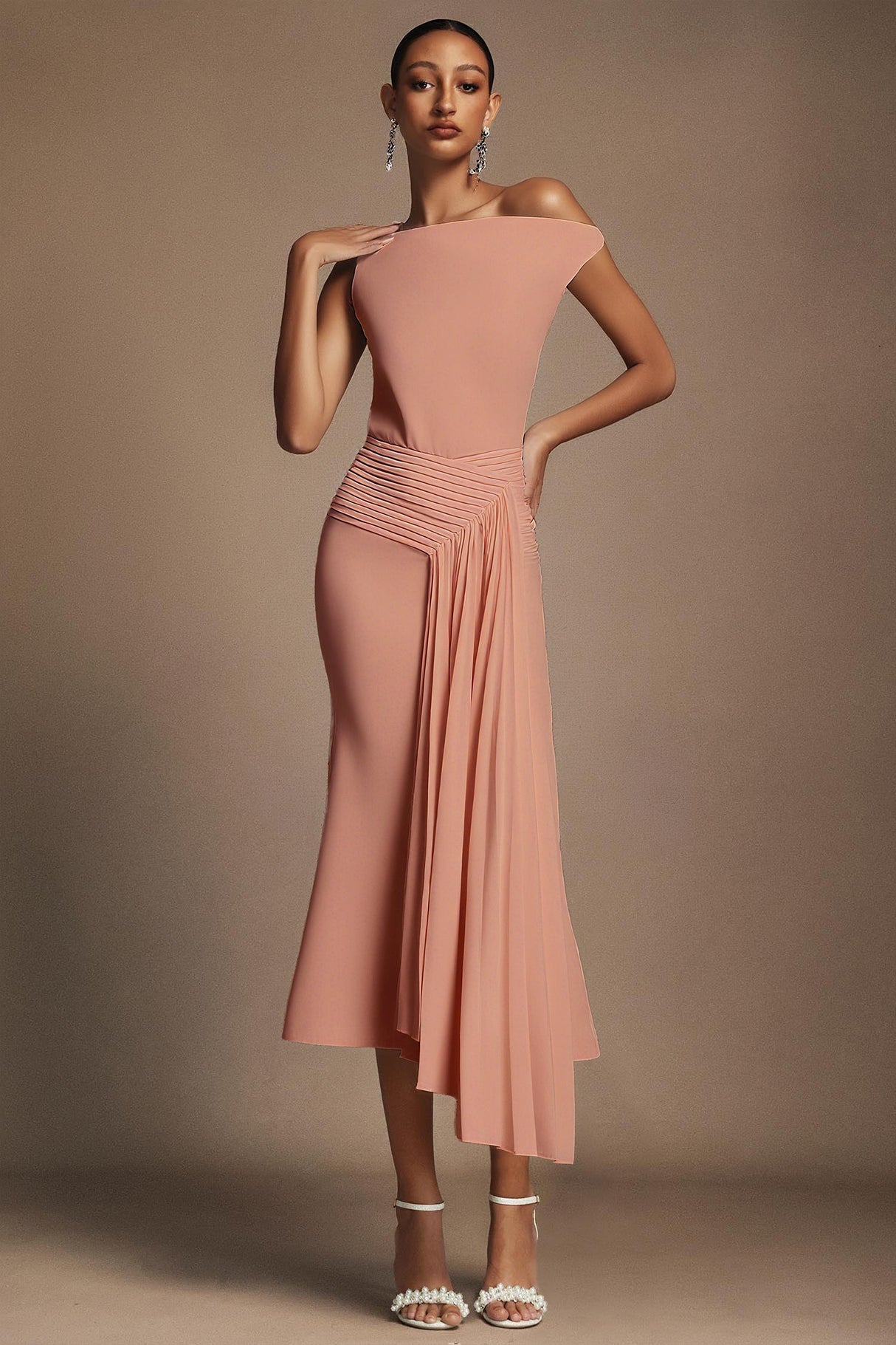 Denise Pink Oblique Shoulder Midi Dress