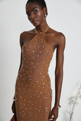 Désirée brown embellished halter neck bodycon maxi dress