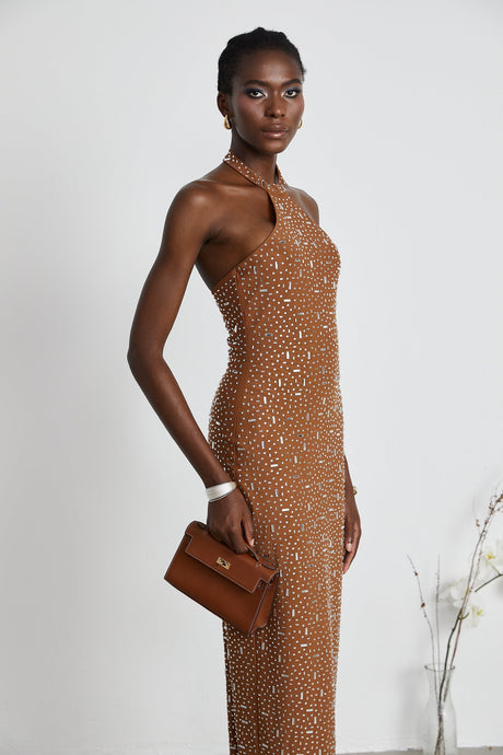 Désirée brown embellished halter neck bodycon maxi dress