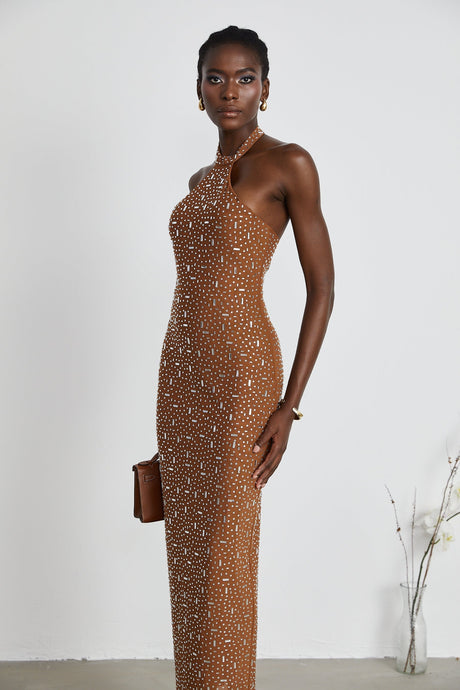 Désirée brown embellished halter neck bodycon maxi dress