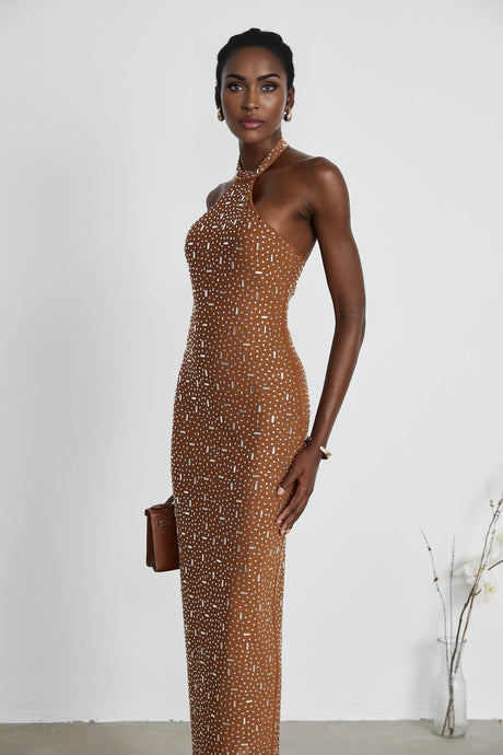 Désirée Maxi Dress - Sleeveless Halterneck Crystal Embellished Fitted Waist Zipper Closure Floor - Length