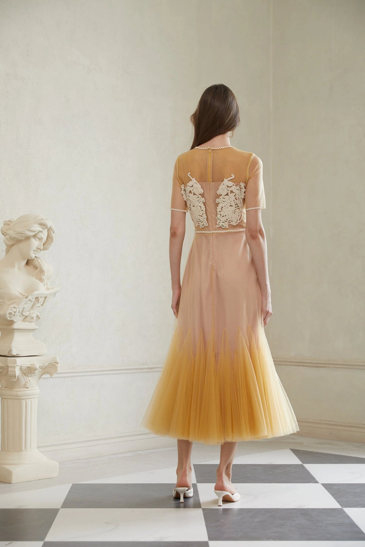 Despoina Yellow Floral Braided Tulle Midi Dress
