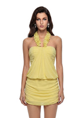 Destiny Yellow Off Shoulder Ruched Mini Dress