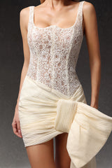 Diana Cream Lace Bodice Mini Dress with Bow Detail