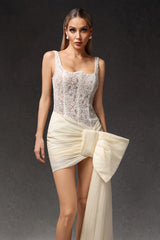 Diana Cream Lace Bodice Sleeveless Mini Dress with Bow Detail