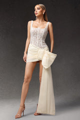 Diana Cream Lace Sleeveless Mini Dress with Bow Detail