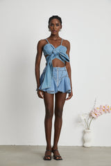 Diana Denim Skirt - Flounce Hem - Pleat Detailing - Ruffled Accents - Side Pockets