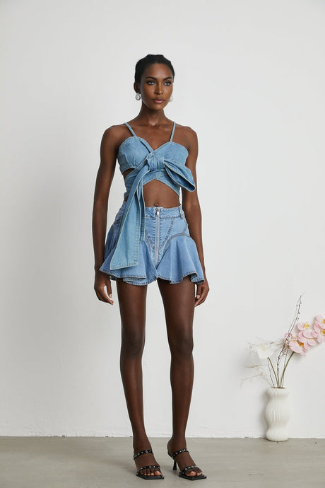 Diana Denim Skirt - Flounce Hem - Pleat Detailing - Ruffled Accents - Side Pockets