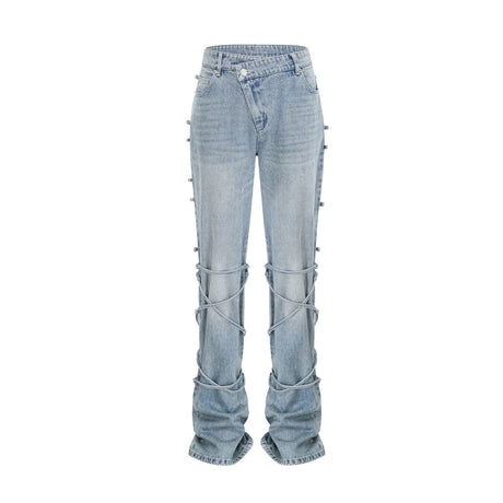 Diana Jeans - Strap Detailing - Whiskering Effect - Off - Center Button Fastening - Five Pockets