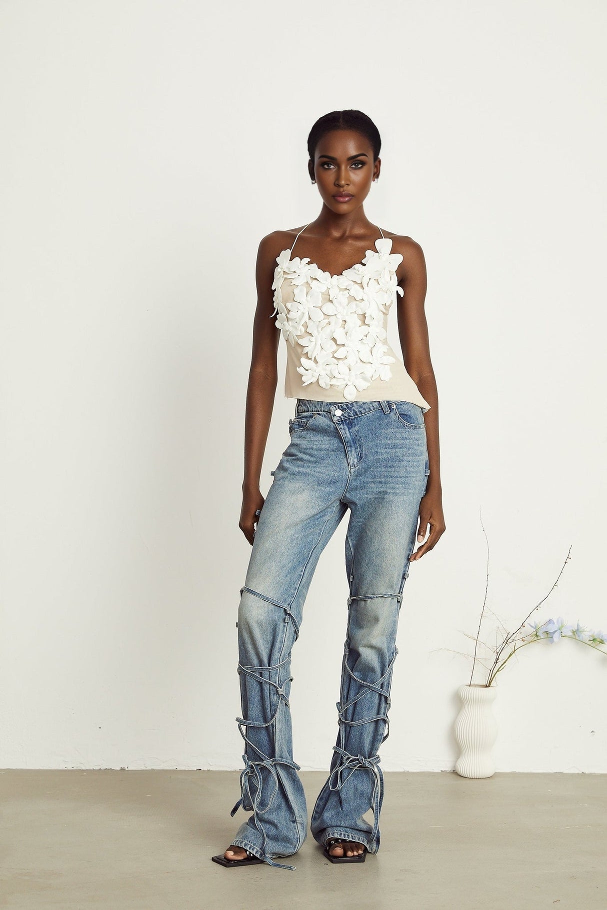 Diana Jeans - Strap Detailing - Whiskering Effect - Off - Center Button Fastening - Five Pockets