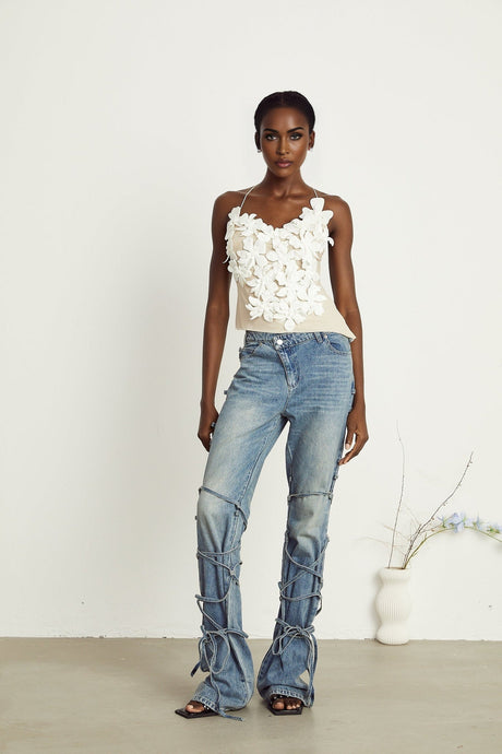 Diana Jeans - Strap Detailing - Whiskering Effect - Off - Center Button Fastening - Five Pockets