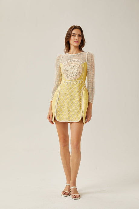 Diana Mini Dress - Faux - Pearl Embellishment - Semi - Sheer Construction - Long Sleeves - A - Line Silhouette - Rear Zip Fastening