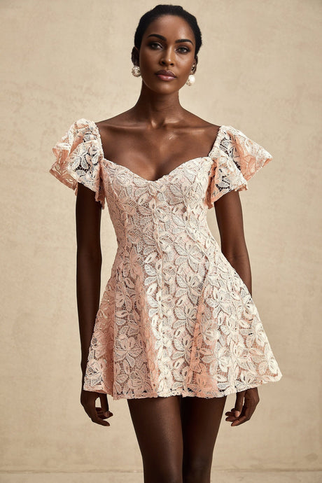 Diana Mini Dress - Lace Overlay - Sweetheart Neckline - Flutter Sleeves - Open Back - Flared Skirt