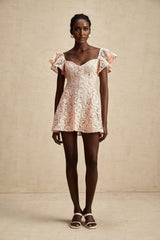 Diana Mini Dress - Lace Overlay - Sweetheart Neckline - Flutter Sleeves - Open Back - Flared Skirt