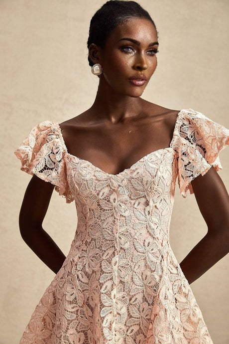 Diana Mini Dress - Lace Overlay - Sweetheart Neckline - Flutter Sleeves - Open Back - Flared Skirt