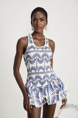 Diana Mini Dress - Sleeveless - Square Neck - Ruffled & Tiered Design - Cut - out Detailing - Stretch Jersey