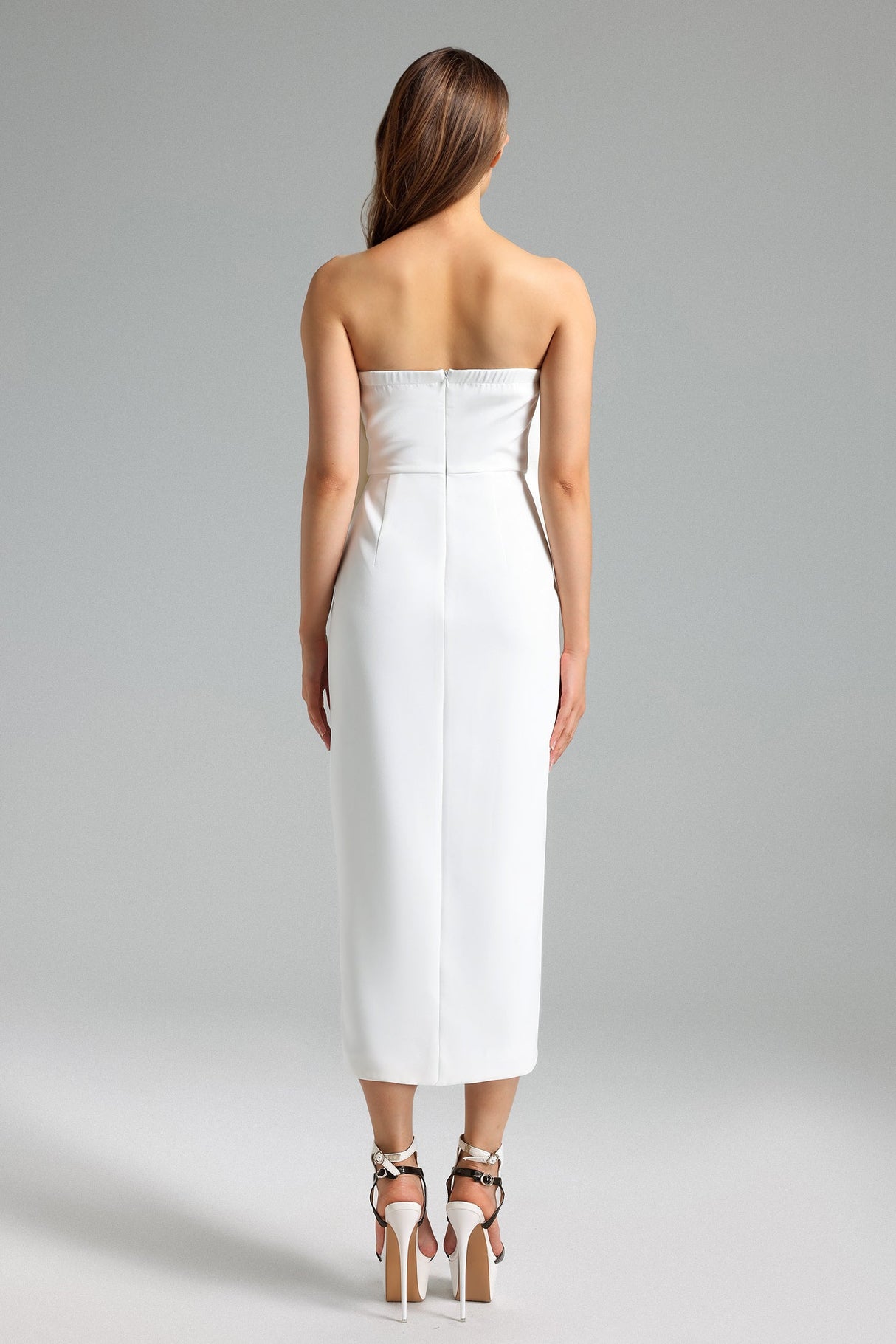 Diana White Floral Detail Midi Dress Elegant Silhouette Strapless Neckline