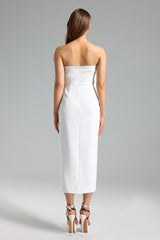 Diana White Floral Detail Midi Dress Elegant Silhouette Strapless Neckline