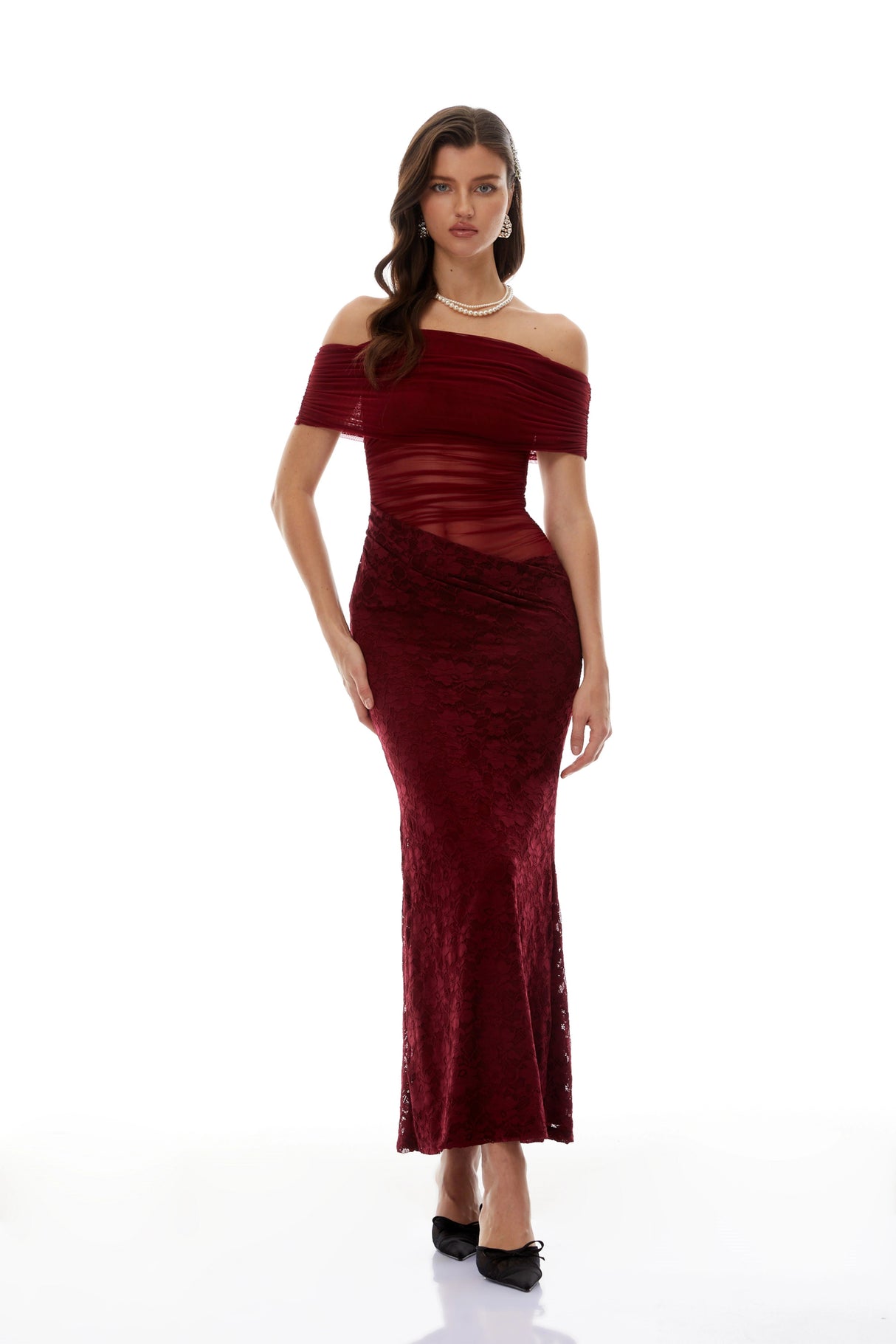 Dianthe Red Lace Panel Mesh Midi Dress