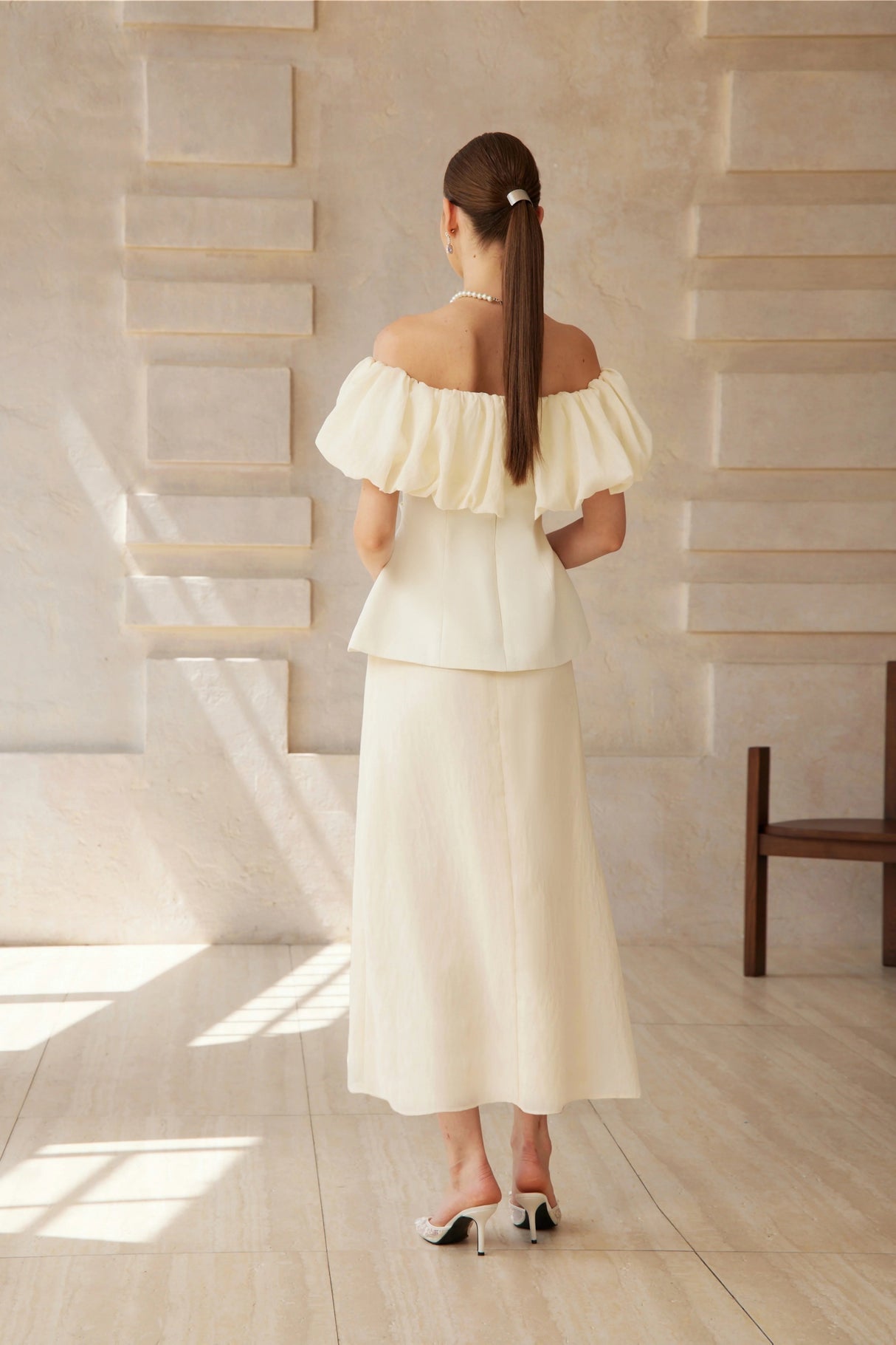Dianthe White Off Shoulder Shirred Top  Skirt Set