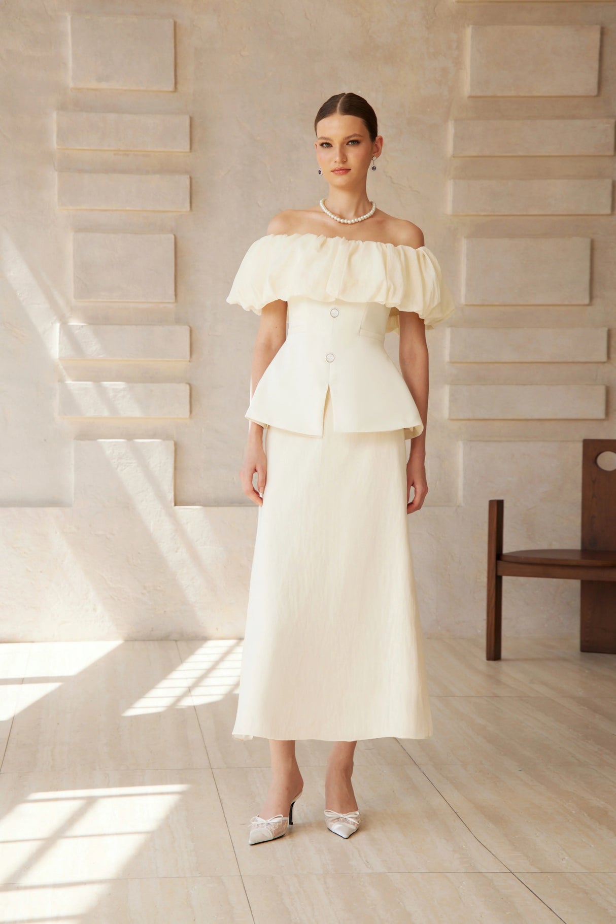 Dianthe White Off Shoulder Shirred Top  Skirt Set