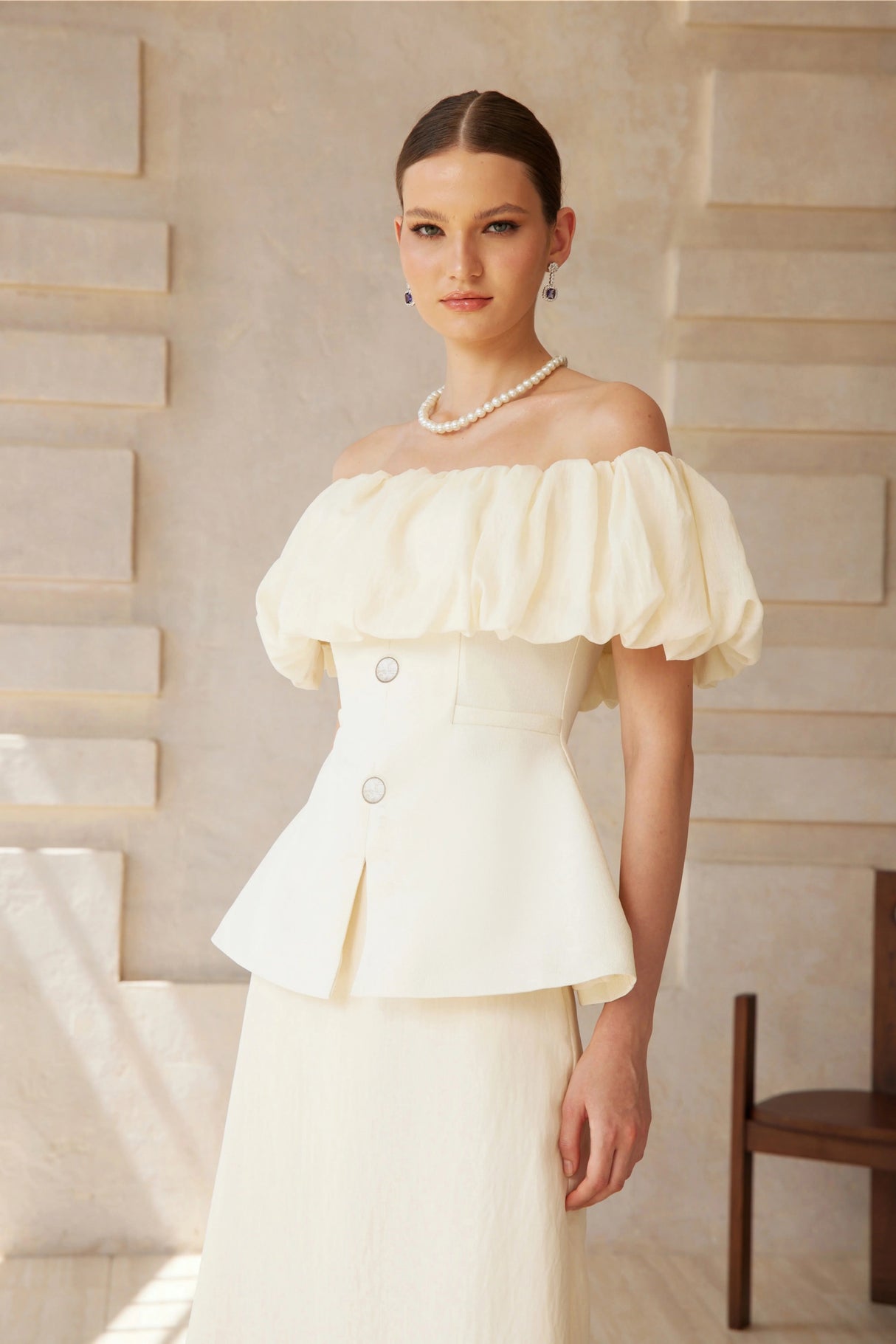 Dianthe White Off Shoulder Shirred Top  Skirt Set