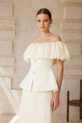 Dianthe White Off Shoulder Shirred Top  Skirt Set