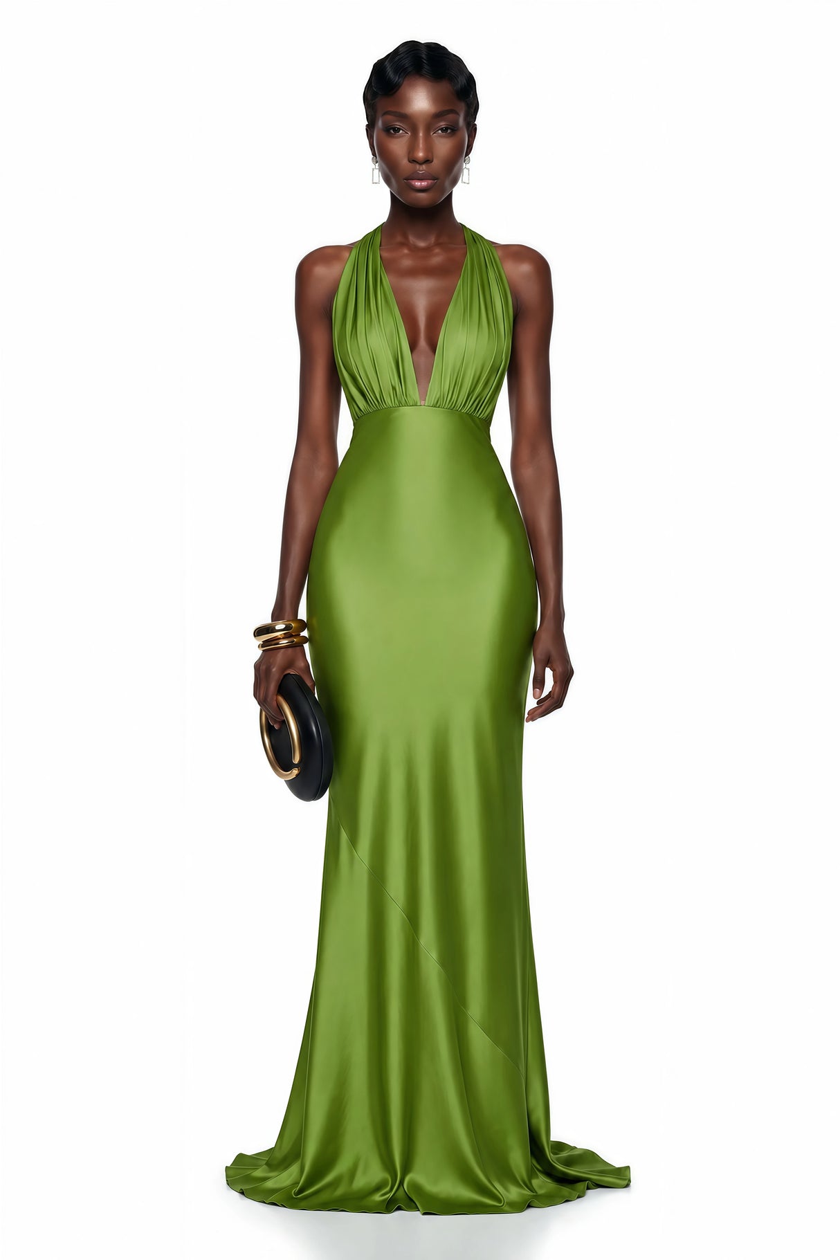 Didem Green Plunge Neck Satin Maxi Dress