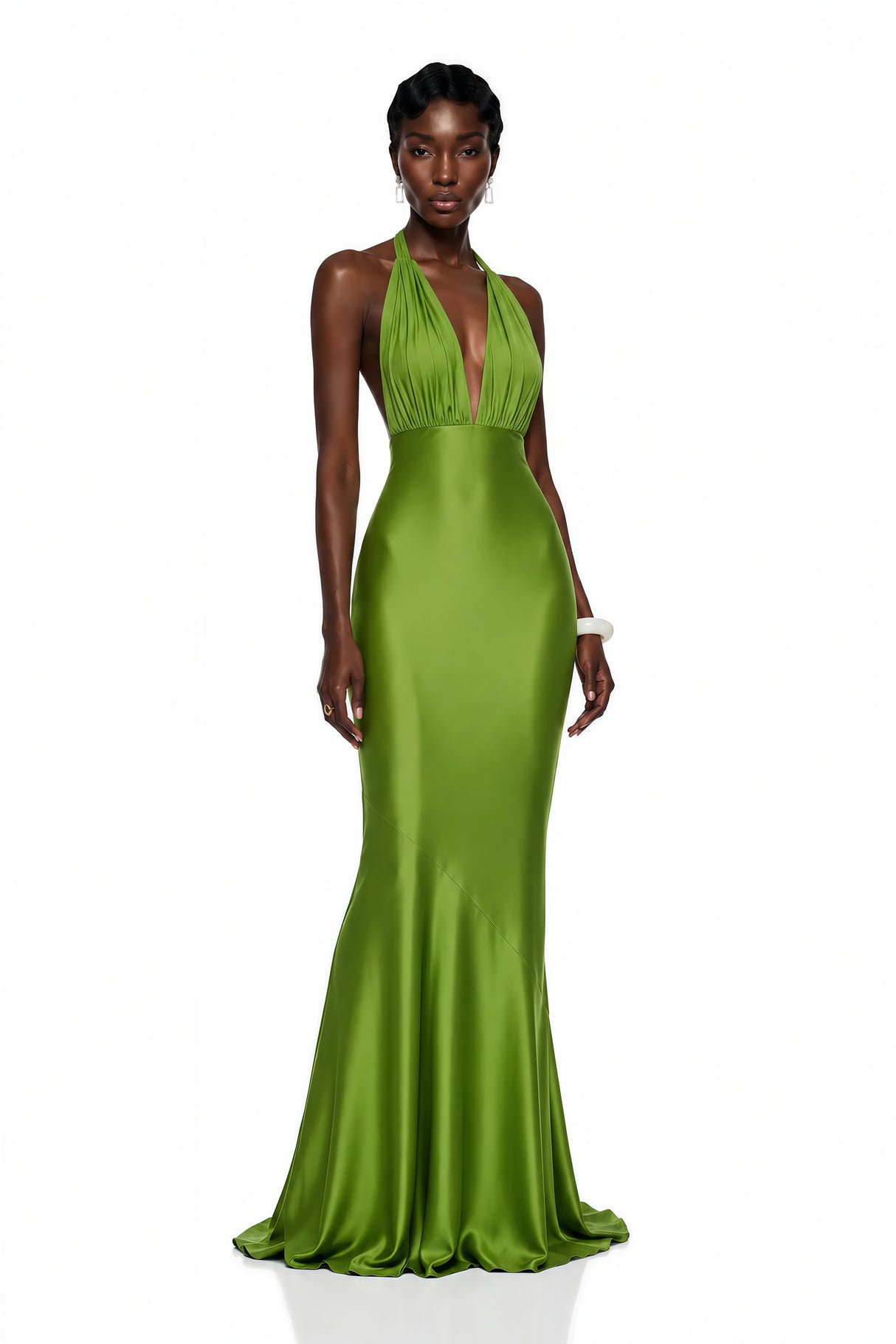 Didem Green Plunge Neck Satin Maxi Dress