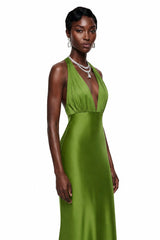 Didem Green Plunge Neck Satin Maxi Dress