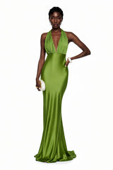 Didem Green Plunge Neck Satin Maxi Dress