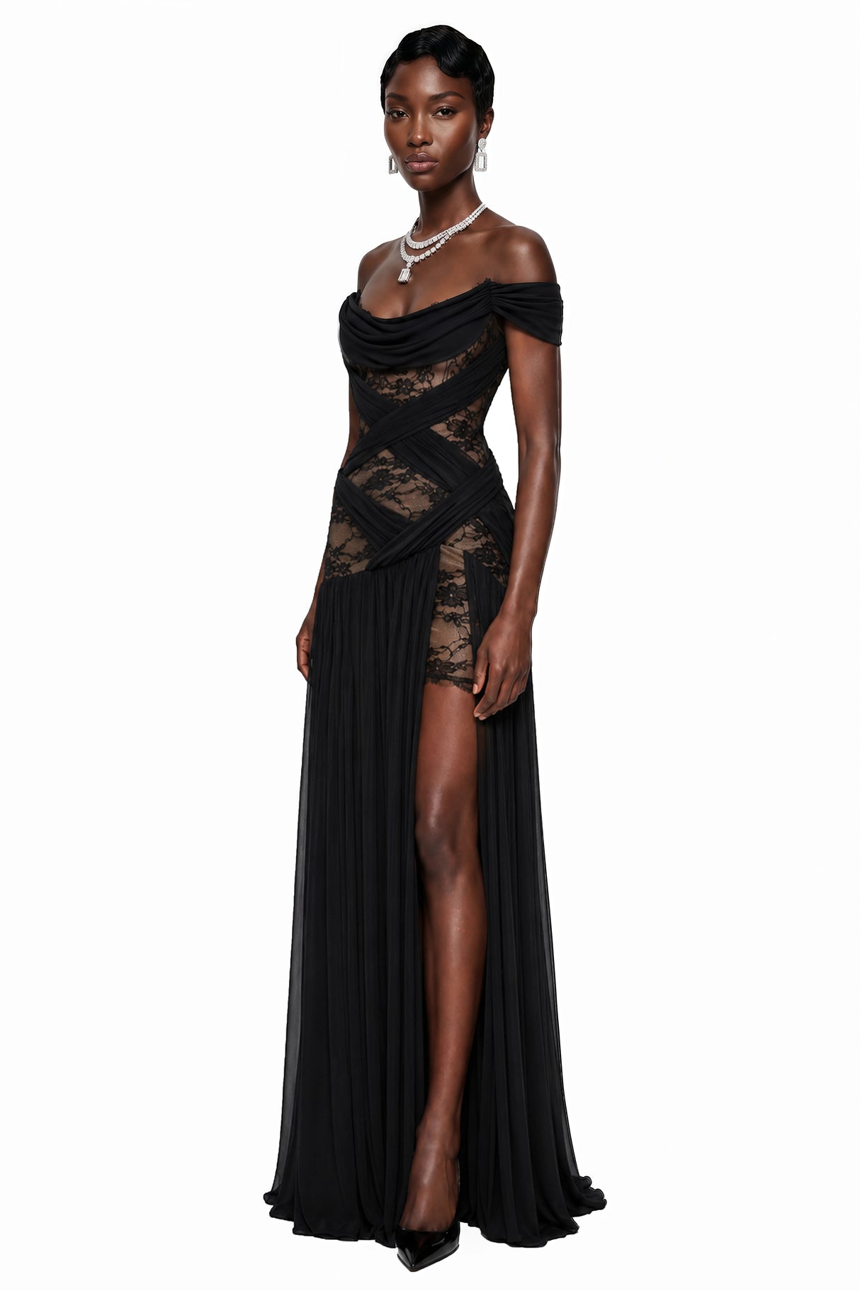 Dildar Black Cross Front Maxi Dress with Lace Panels