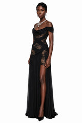 Dildar Black Cross Front Maxi Dress with Lace Panels