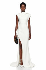Dilek White Mock Neck Maxi Dress with High Slit