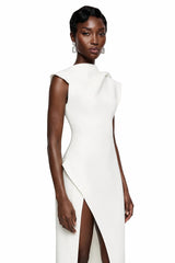 Dilek White Mock Neck Maxi Dress with High Slit
