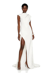 Dilek White Mock Neck Maxi Dress with High Slit