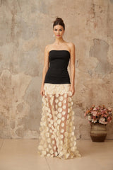 Diletta Maxi Dress Black & Neutrals 3D - Polka - Dot Elegant Tulle Paneling