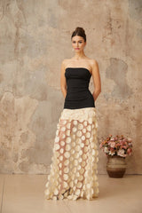 Diletta Maxi Dress Black & Neutrals 3D - Polka - Dot Elegant Tulle Paneling