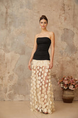Diletta Maxi Dress Black & Neutrals 3D - Polka - Dot Elegant Tulle Paneling