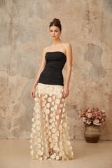 Diletta Maxi Dress Black & Neutrals 3D - Polka - Dot Elegant Tulle Paneling