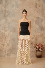 Diletta Maxi Dress Black & Neutrals 3D - Polka - Dot Elegant Tulle Paneling