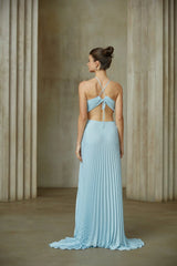 Diletta Maxi Dress Blue Pleated Cut - Out Halter - neck Train & Zip Detail