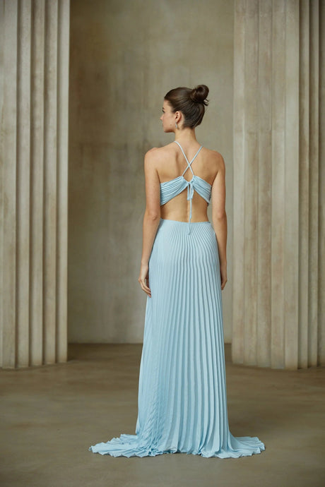 Diletta Maxi Dress Blue Pleated Cut - Out Halter - neck Train & Zip Detail