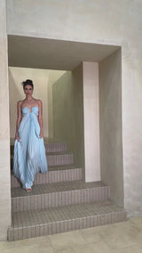 Diletta Maxi Dress Blue Pleated Cut - Out Halter - neck Train & Zip Detail