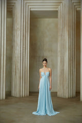 Diletta Maxi Dress Blue Pleated Cut - Out Halter - neck Train & Zip Detail