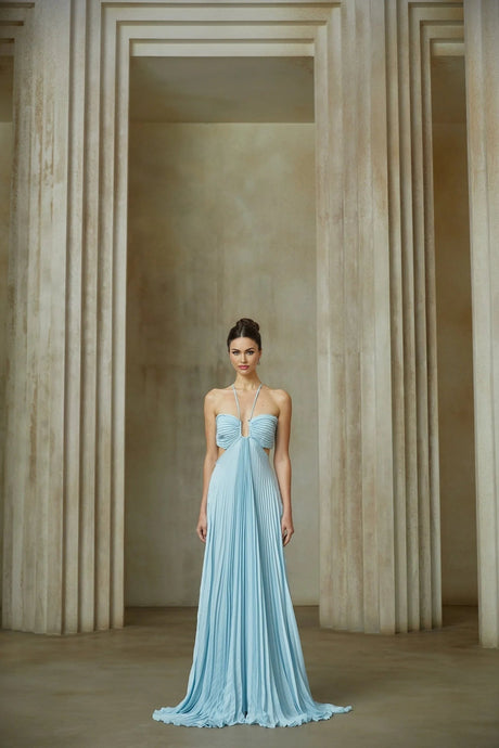 Diletta Maxi Dress Blue Pleated Cut - Out Halter - neck Train & Zip Detail