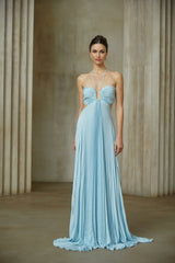 Diletta Maxi Dress Blue Pleated Cut - Out Halter - neck Train & Zip Detail